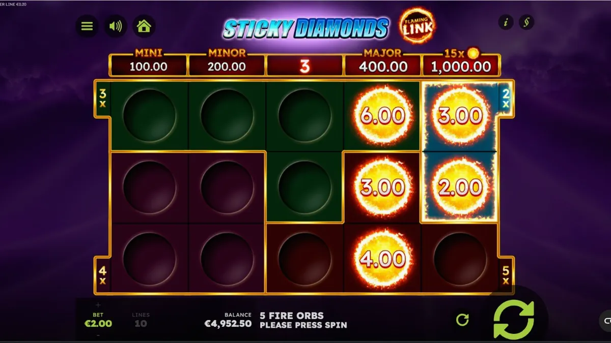 Tampilan antarmuka permainan slot Sticky Diamonds Flaming Link dengan simbol buah dan berlian.